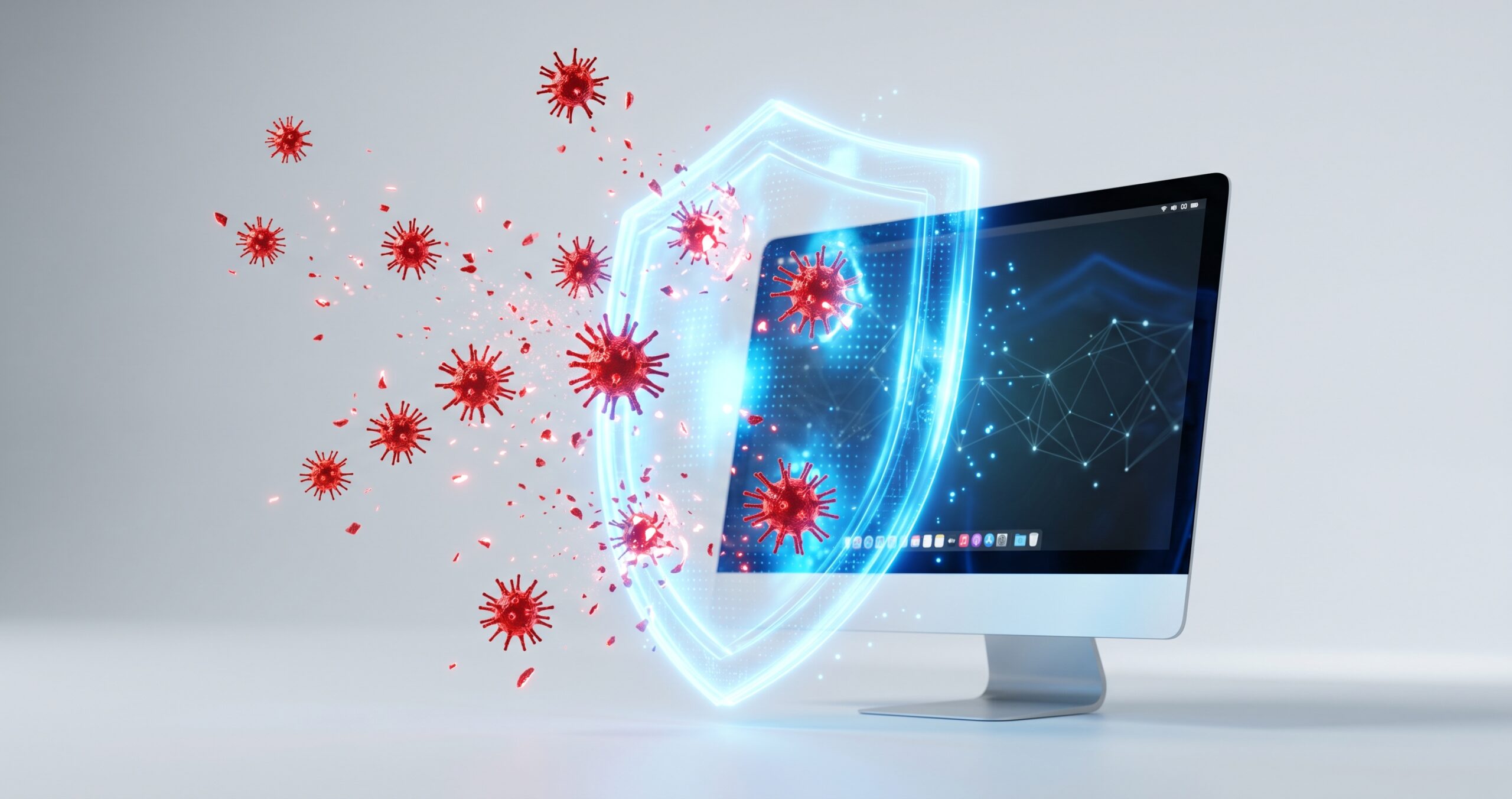 Vírusok egy kék védőpajzsnak ütköznek egy monitor előtt