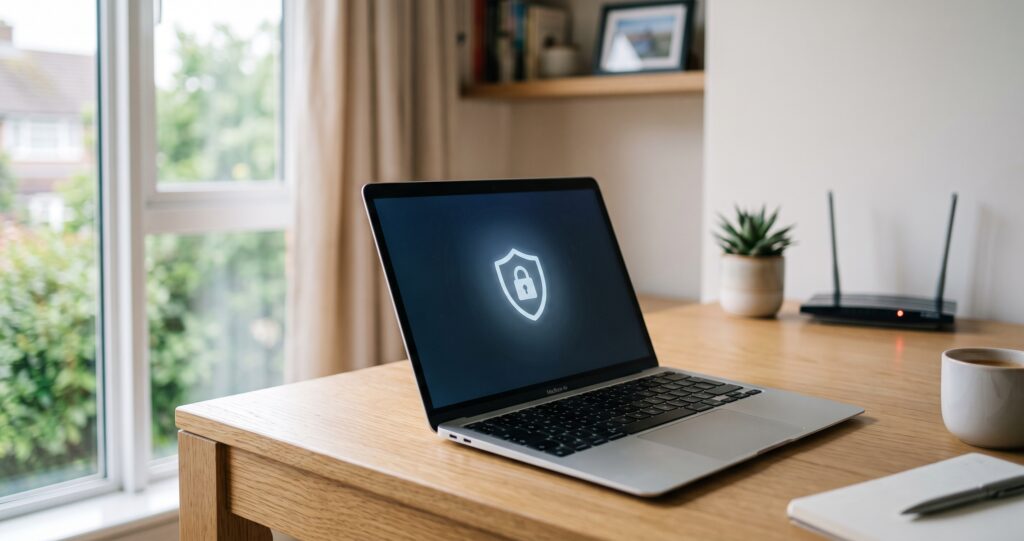 Laptop otthoni íróasztalon, a képernyőn VPN-kapcsolatot jelző lakat ikon