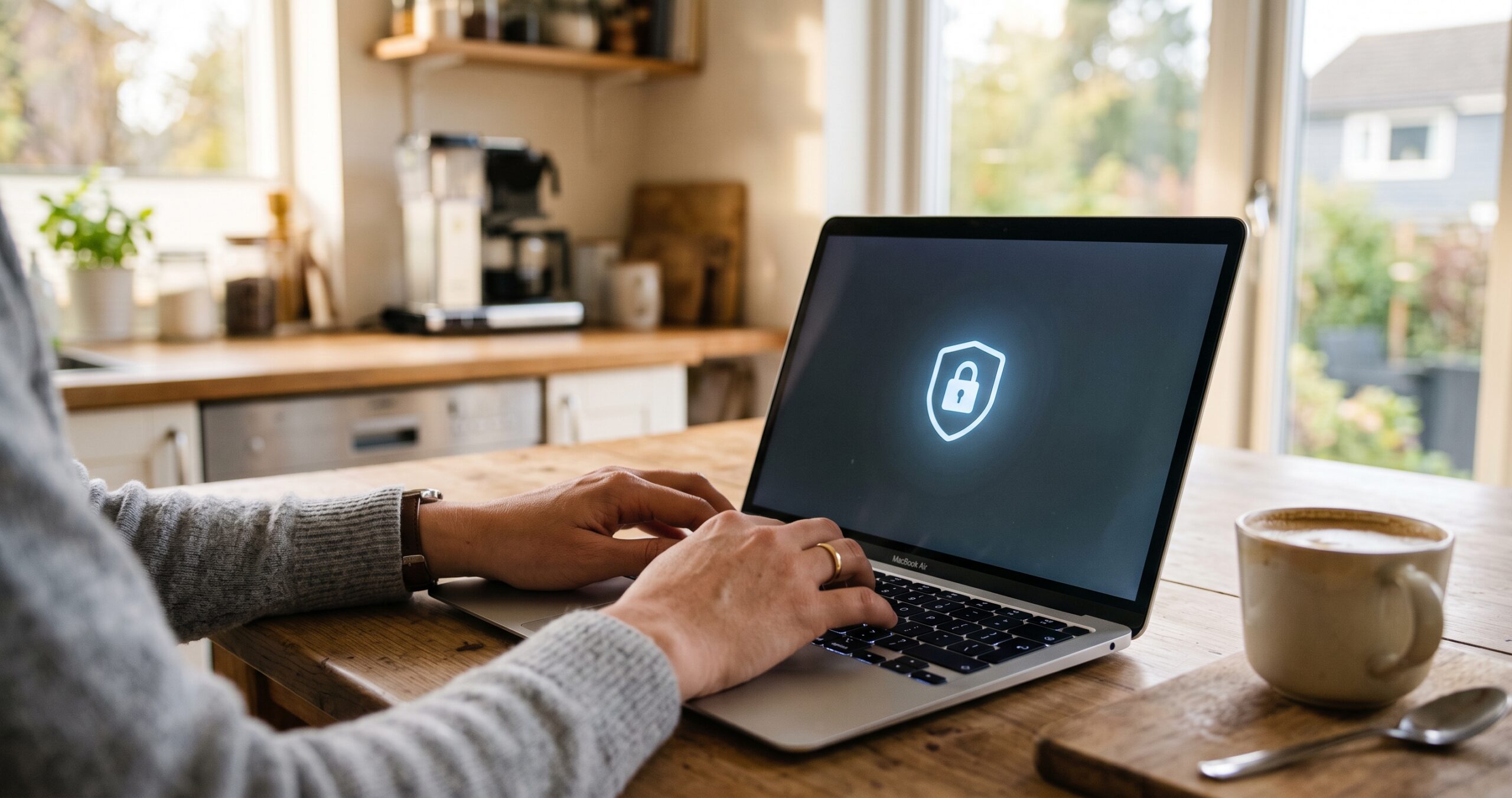 Otthonról dolgozó munkatárs laptopja konyhaasztalon, biztonságos VPN-kapcsolat ikonnal