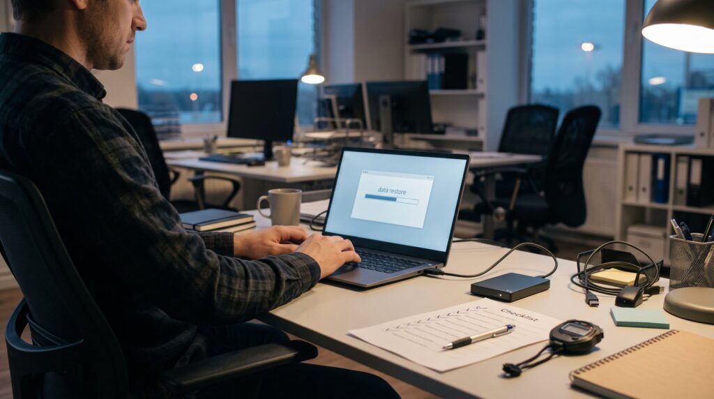 Informatikus visszaállítási tesztet végez egy irodában, stopperrel