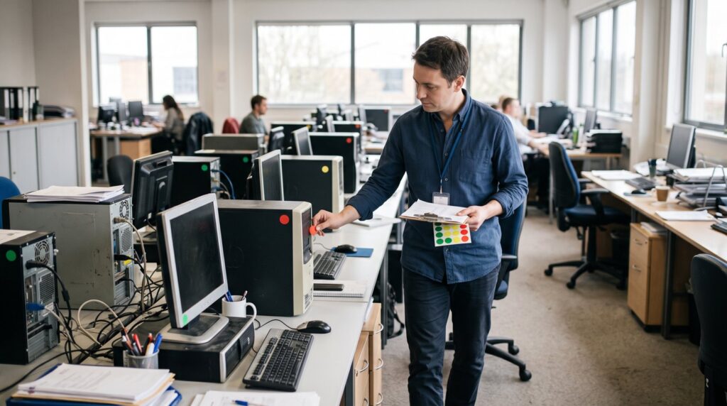 Informatikus színes matricákkal jelöli meg a régi irodai számítógépeket